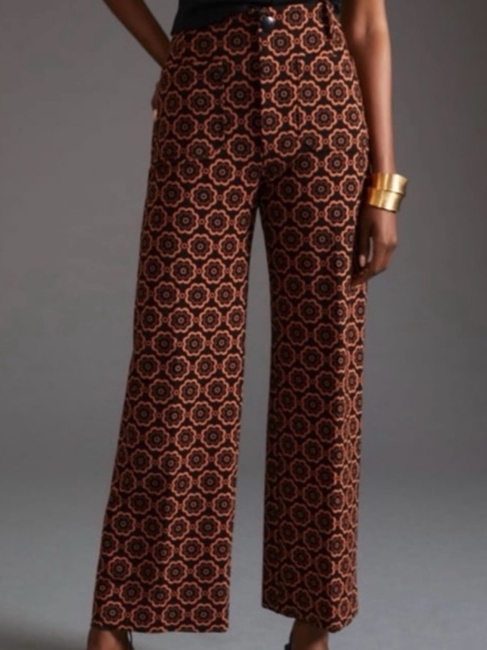 Maeve Anthropologie Colette Wide Leg Pants Retro Floral Orange Black NWOT 27